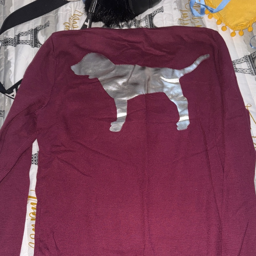 PINK Burgundy Long Sleeve Shirt with Dog Logo- large - Picture 4 of 5